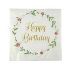 Servetter papper, happy birthday, vit med blomkrans 20-pack