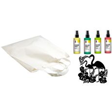 Textilsprayfärg-set: 4 st Textilfärg spray + 5 st textilväska + 1 st maskeringsstencil "Flamingo"