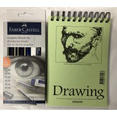 Teckningsset: Teckningsblock spiral A5 135g, 40 blad + Pennset Faber-Castell Graphite Sketch Set Goldfaber