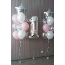 1st Birthday Ballong Bukett i Silver/Ljus Rosa.