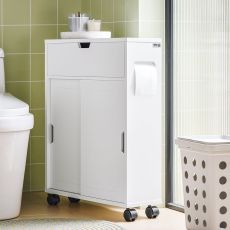 Små badrumsskåp med hjul Toalettrullehållare golvstående vit Längd 52 cm Bredd 17 cm Höjd 67 cm BZR31-W